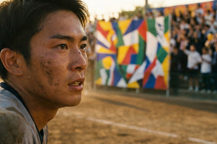 試合中に応援席を見て奮起する日本人学生アスリートの真剣な表情