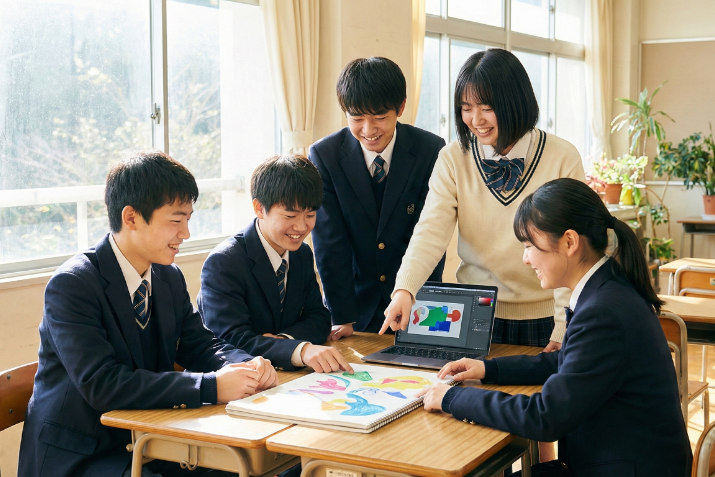 教室で横断幕のデザイン案を話し合う日本の高校生たち