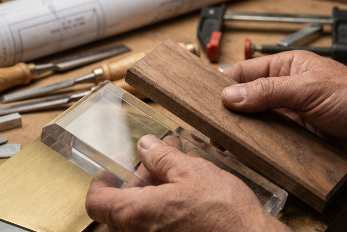 看板製作のワークショップで素材（木材や金属）を確認する職人の手元