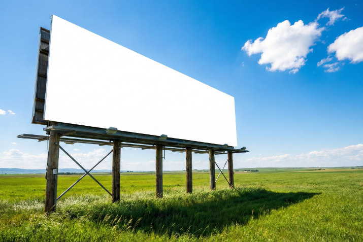 青空の下、緑豊かな郊外に設置された大きな野立て看板のフレーム