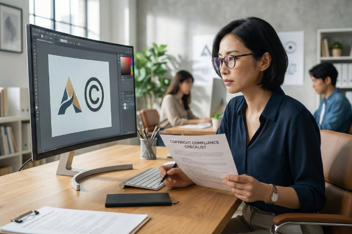 オフィスで等身大パネルのデザインデータと権利関係の書類を真剣に確認する日本人デザイナー