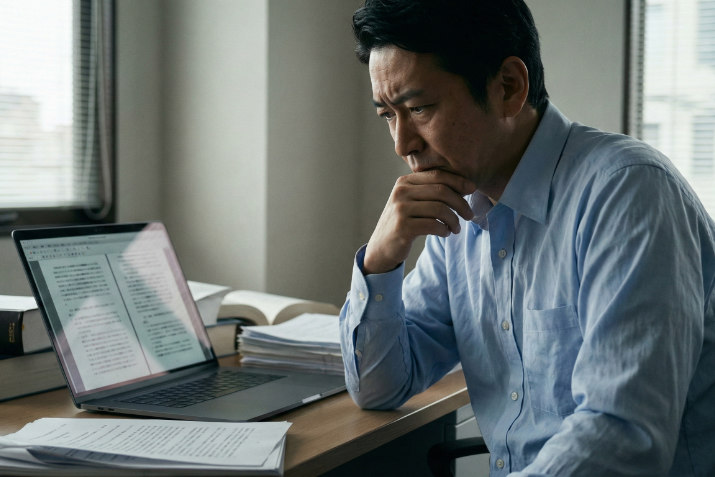 パソコンの前で権利関係の複雑さに悩み、考え込む日本人ビジネスマン