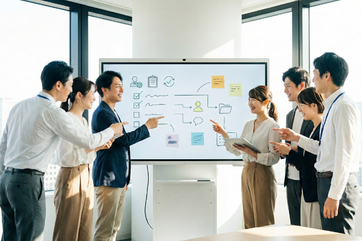 明るい会議室でホワイトボードを使い、チームでデザインの安全性を議論する日本人たち