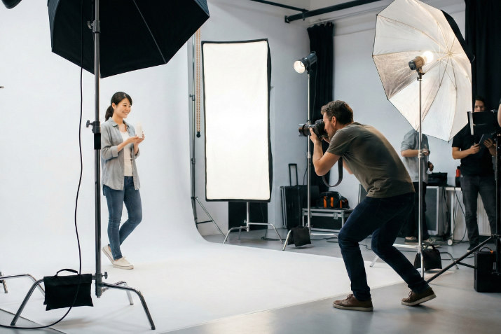 フォトスタジオで等身大パネル用の素材として日本人モデルを撮影している風景