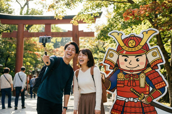 観光地の緑豊かな公園で、ご当地キャラ風のパネルと一緒に記念撮影をする日本人カップル