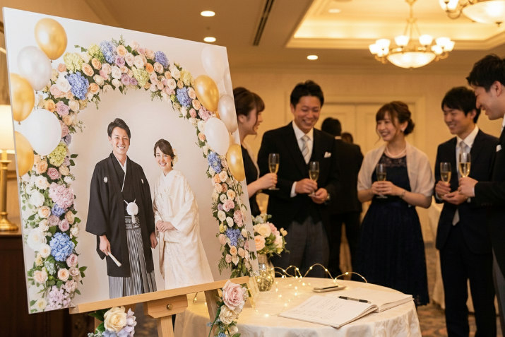 結婚式のウェルカムスペースに飾られた、新郎新婦の等身大写真パネル