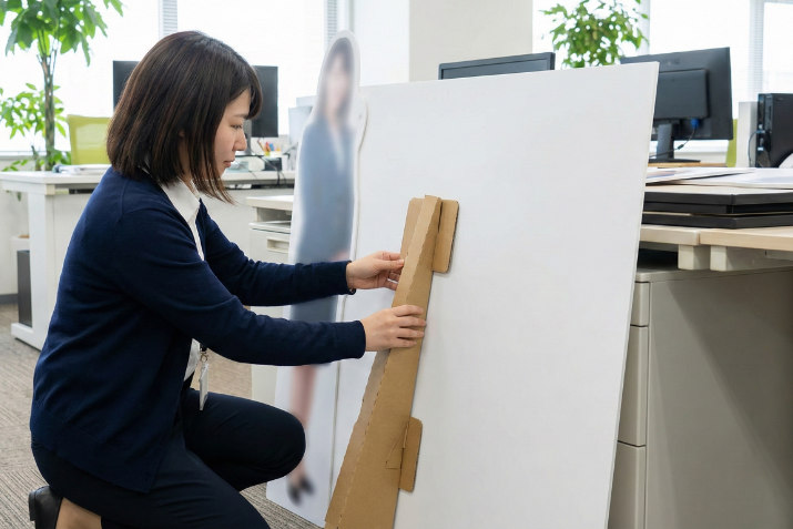 オフィスで等身大パネルの裏側のスタンドを組み立て、設置準備をする日本人女性スタッフ