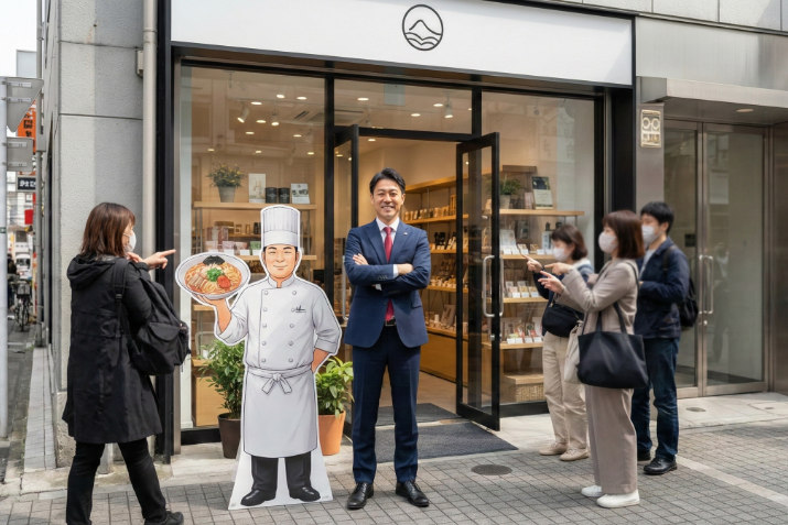 完成した等身大パネルを店舗前に設置し、満足そうに腕を組む日本人店長