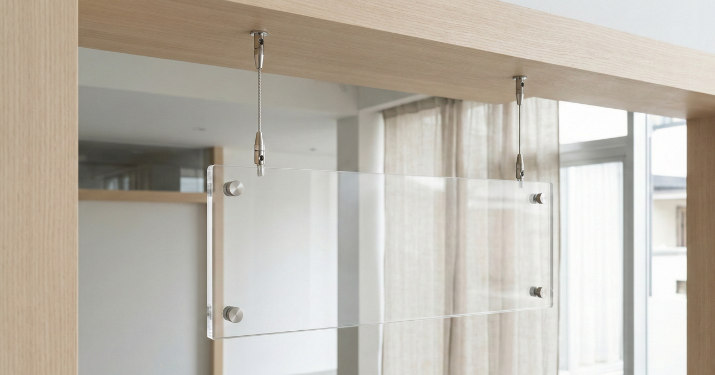 天井からワイヤーで吊り下げたアクリル看板の安全な設置イメージ