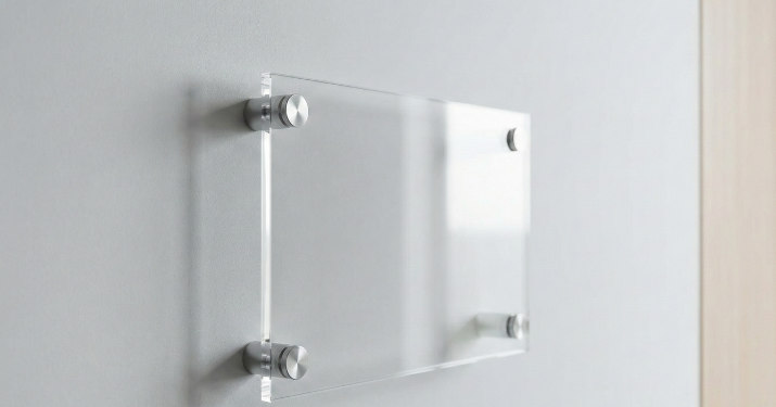 壁面に立ち上げ（浮かせ付け）で固定されたアクリル看板（スペーサーで立体感）