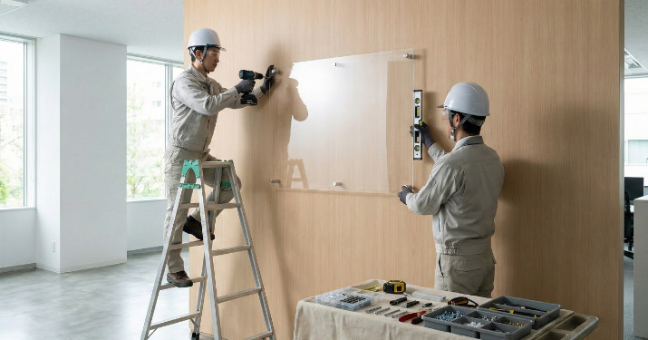 専門業者が安全装備でアクリル看板を確実に施工している様子