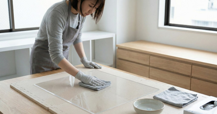 中性洗剤を薄めて優しく拭き、最後に乾拭きするメンテ工程