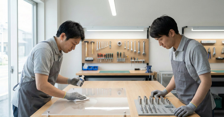 専門業者が研磨・点検し、看板と金具の安全性を確認する様子