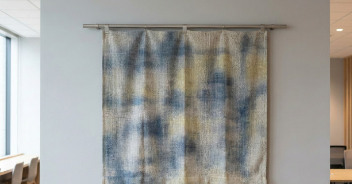 壁に吊り下げた布製タペストリー(印刷面と質感が分かるクローズアップ)