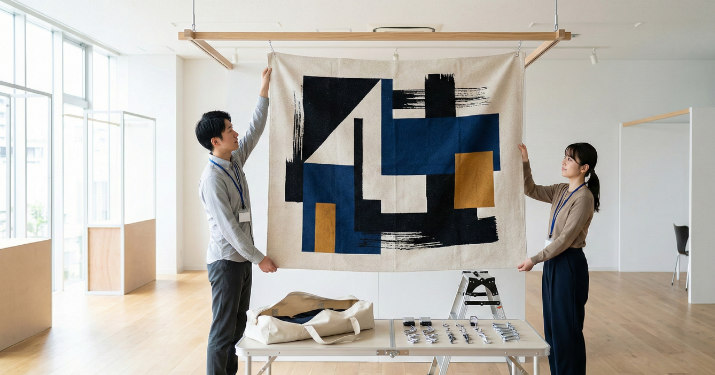 イベント会場で設置・撤去がしやすいタペストリーを設営する様子