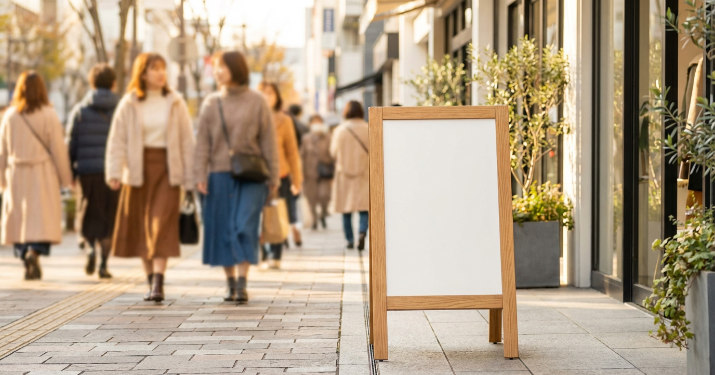 綺麗に設置されたA型看板と行き交う通行人