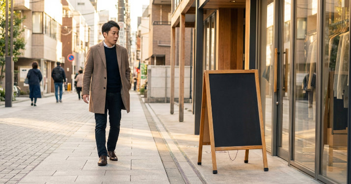 風で揺れる看板を見て驚く通行人の男性