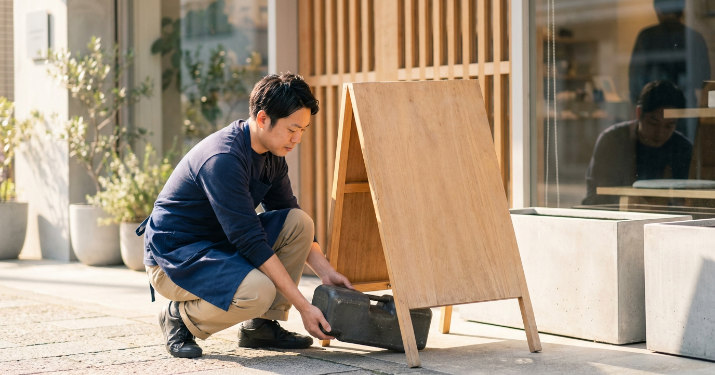 看板の足元に重り（ウエイト）を設置している男性店長