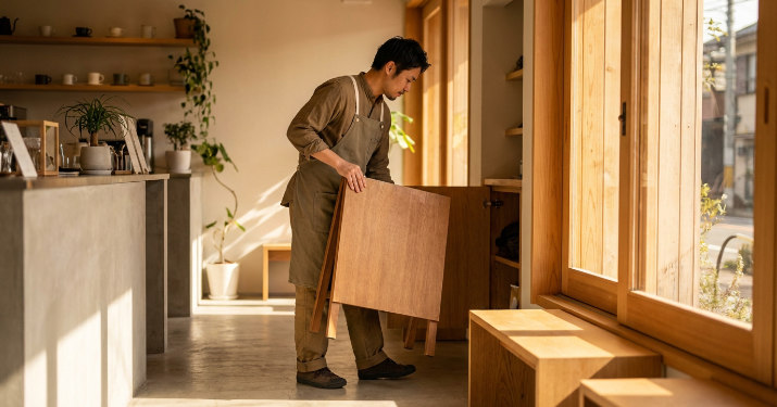 強風に備えて看板を店内へ安全に片付ける男性店員