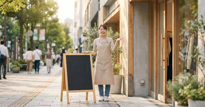 風対策が万全な看板の横でお客様を笑顔で迎える女性スタッフ