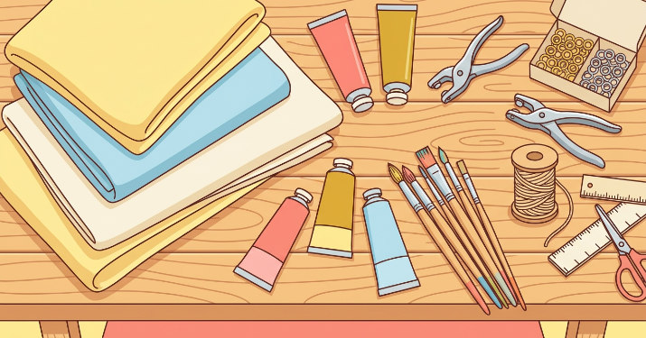 テーブルの上に並べられた横断幕作りの材料や道具のイラスト