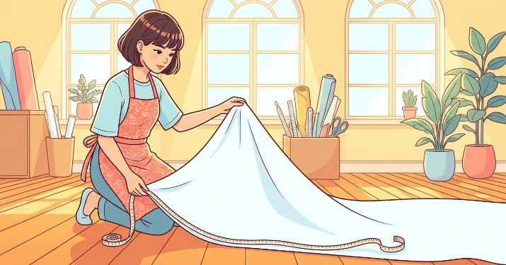 メジャーを使って横断幕の生地のサイズを測る女性のイラスト