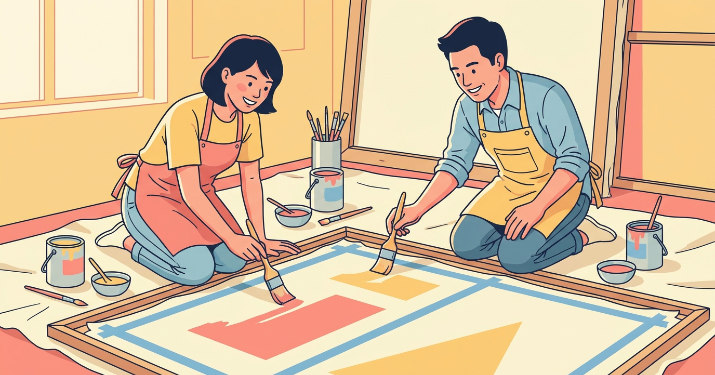 マスキングテープを貼った横断幕に絵の具で色を塗る男女のイラスト