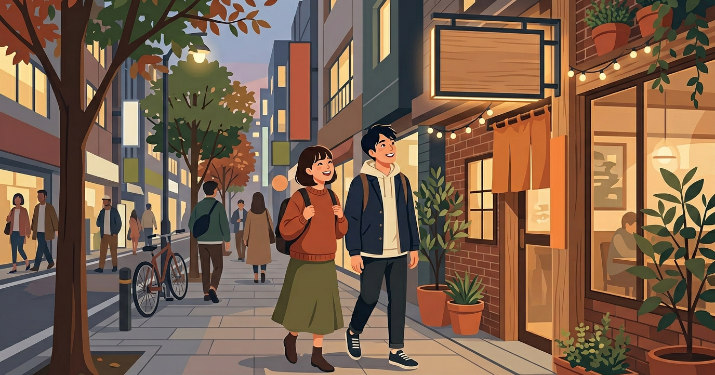 飲食店の壁面看板を見て笑顔になる歩行者のイラスト
