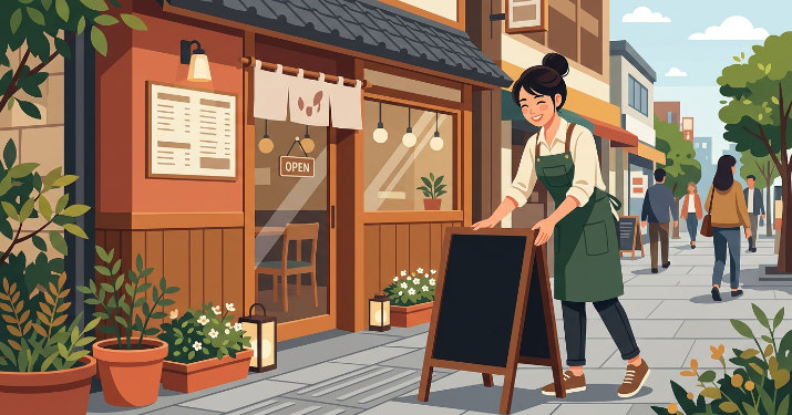 店先に黒板式のスタンド看板を設置するスタッフのイラスト