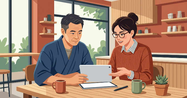 カフェの店内でタブレットを見ながら看板デザインの打ち合わせをする男女のイラスト