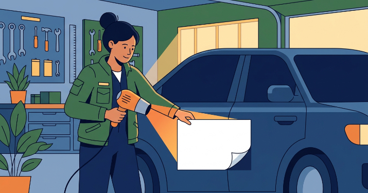 ガレージで、日本人女性がドライヤーを使って車のマグネットシートを丁寧に剥がしているイラスト。