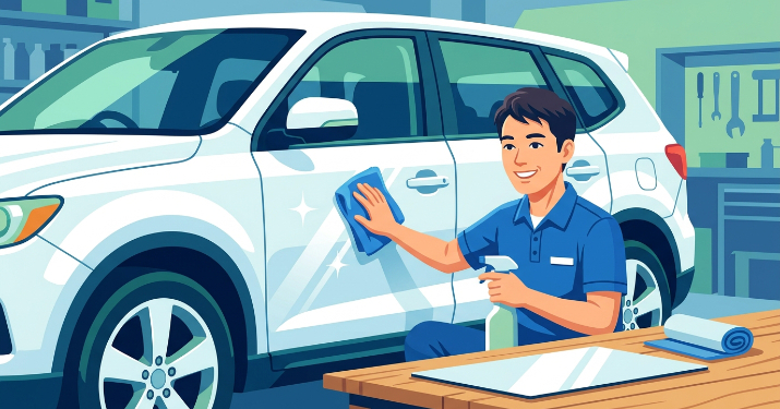 日本人男性が、車のドアパネルをスプレーと布できれいに掃除しているイラスト。