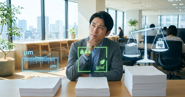 紙の厚さを表す3つの単位(μm、g/㎡、kg)を視覚的に説明する概念的な画像