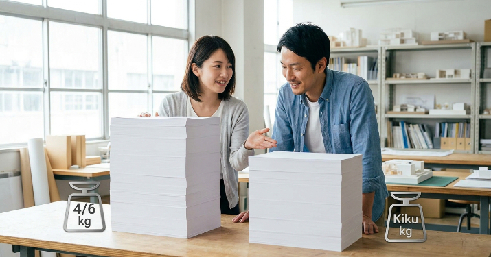 異なる原紙サイズ(四六判と菊判)の連量を比較する日本人の画像