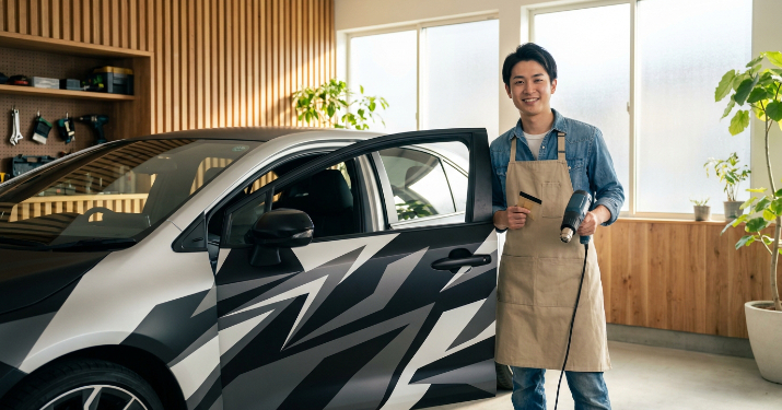 カスタマイズが成功し、満足げに車を見つめる日本人男性